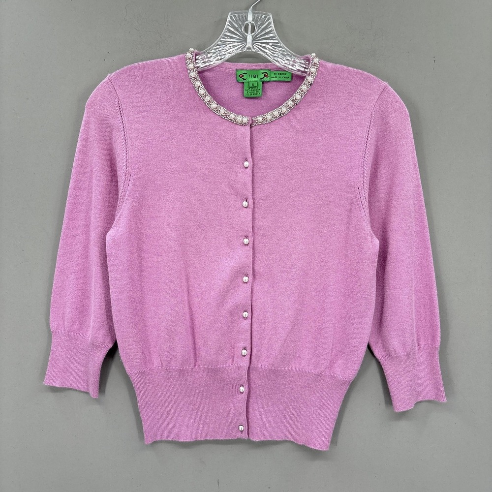 Tibi Sweater Cardigan Small Purple Silk Angora Beaded Pearl Neckline Grandma